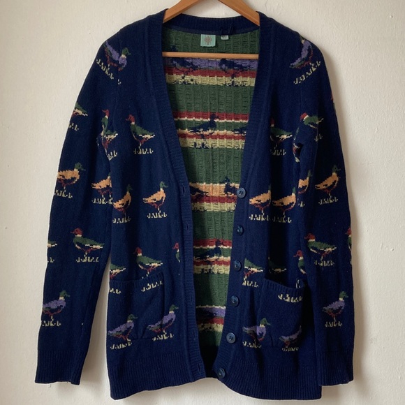 Anthropologie HWR Wool Cardigan Sweater Mallard Duck Print Size M - Picture 12 of 16